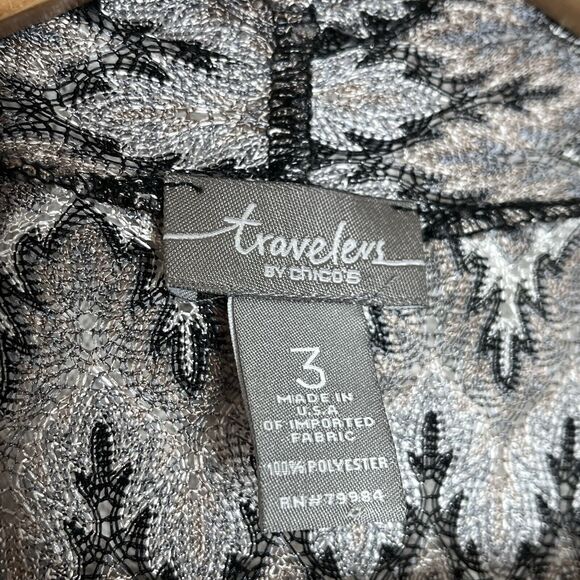 Chicos Travelers Sheer Metallic Open Cardigan Silver Beige Womens XL 3 - Picture 3 of 4